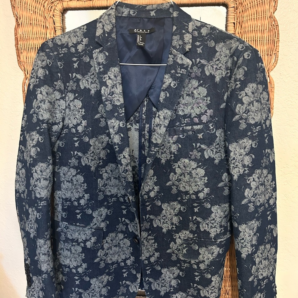 Forever 21 Men Navy Denim Floral Blazer/Sport Coat